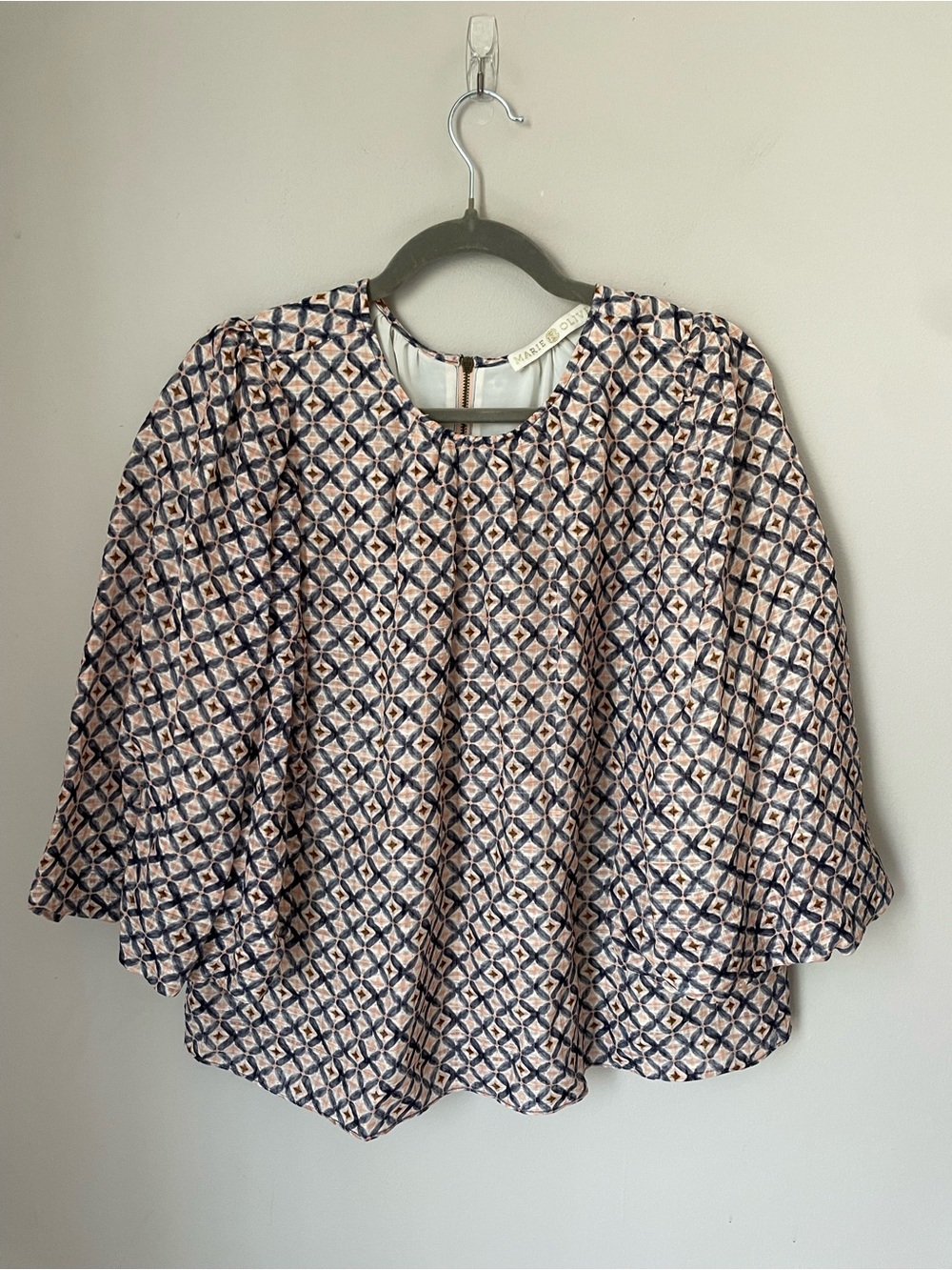 Marie Oliver Printed Peasant Blouse in Navy & Blush with Puff Sleeves